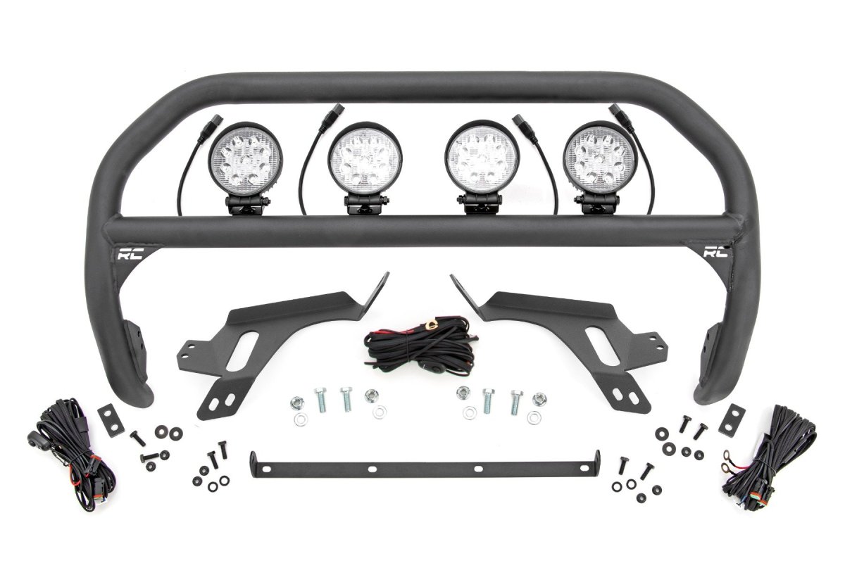 Ford Bronco Sport Nudge Bar - Rough Country - w/ Tow Hooks + 4 Inch Round LED (x4) - Black - '21-'24